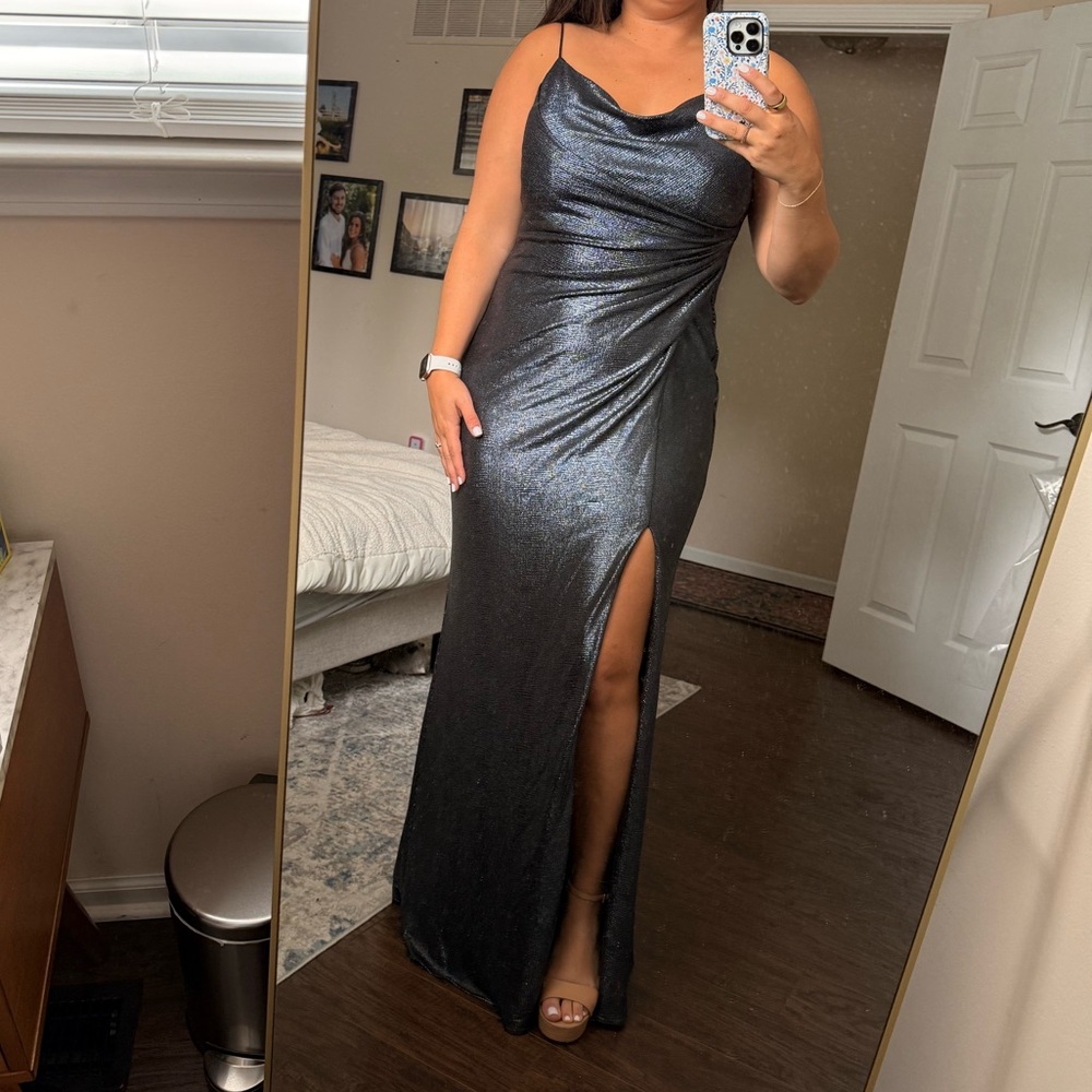 Aidan Mattox Gray and Blue Slit Maxi Gown